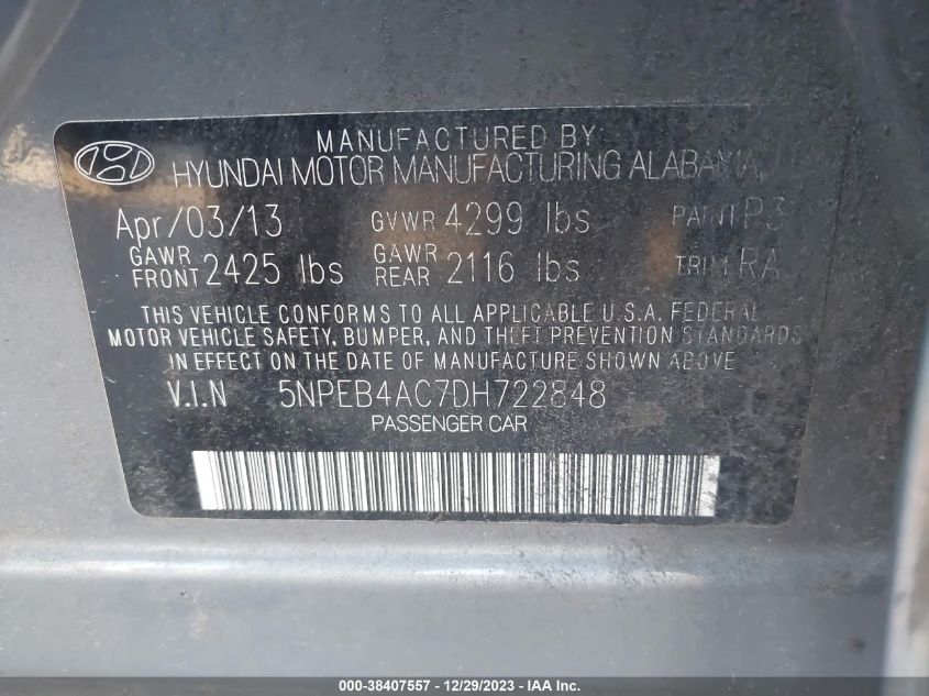 2013 HYUNDAI SONATA GLS - 5NPEB4AC7DH722848