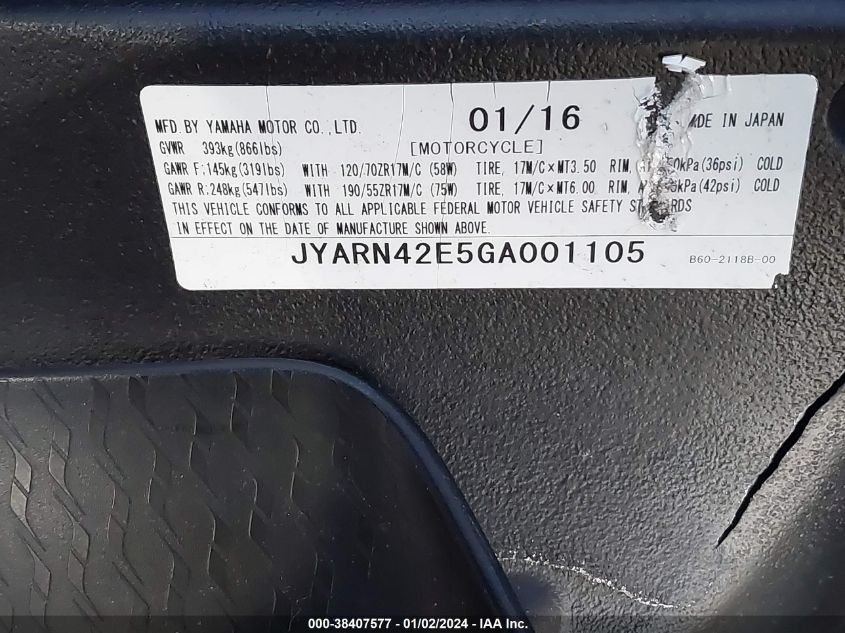2016 YAMAHA YZFR1S JYARN42E5GA001105