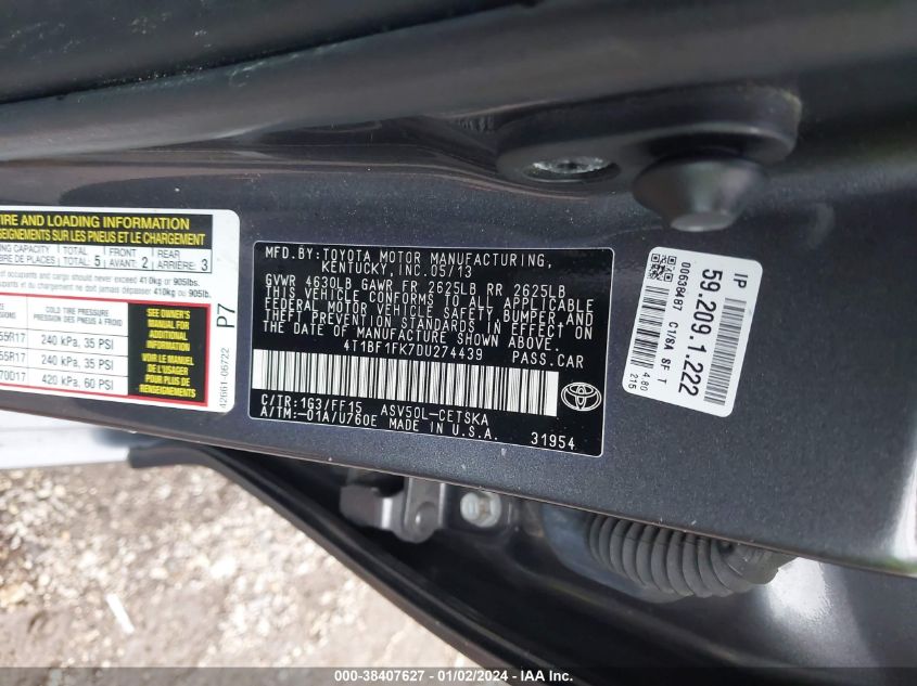 2013 TOYOTA CAMRY SE - 4T1BF1FK7DU274439