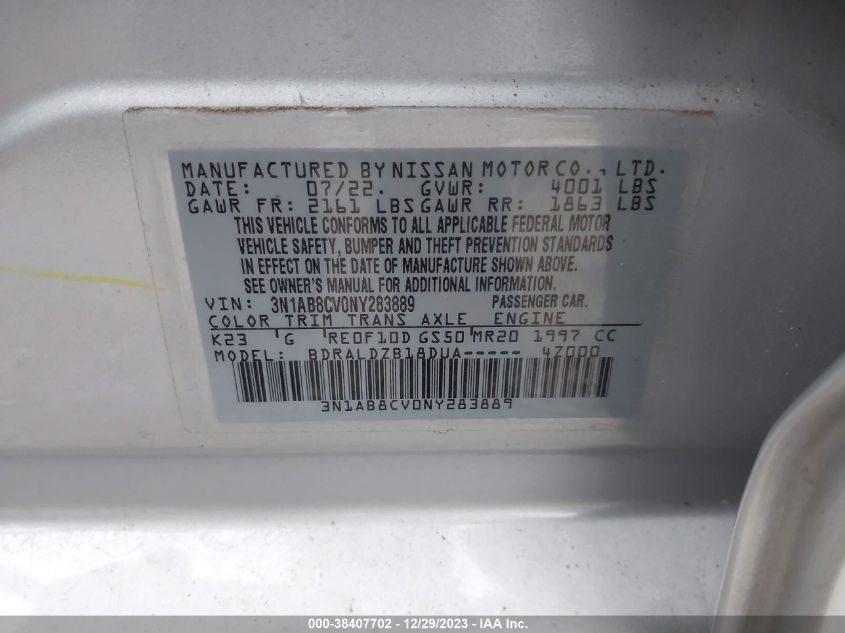 2022 NISSAN SENTRA SV XTRONIC CVT - 3N1AB8CV0NY283889