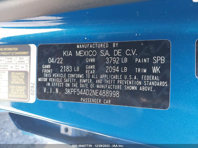 2022 KIA FORTE GT LINE - 3KPF54AD2NE488998