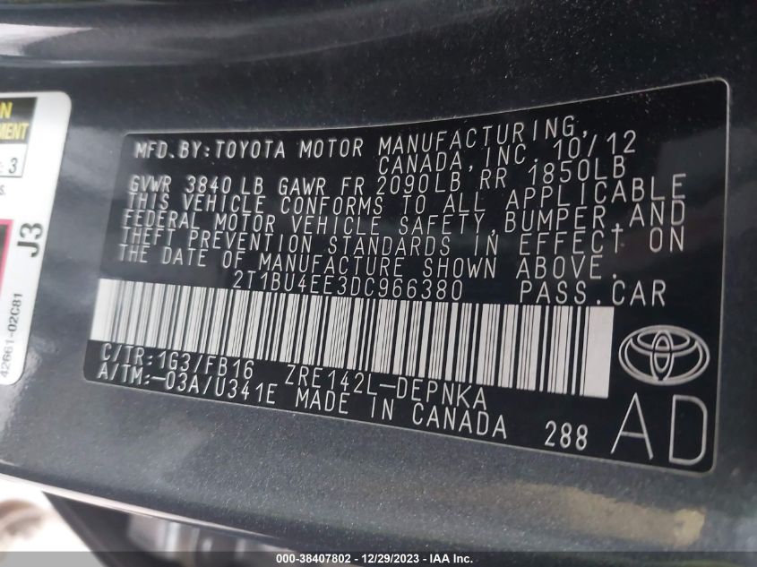 2013 TOYOTA COROLLA LE - 2T1BU4EE3DC966380