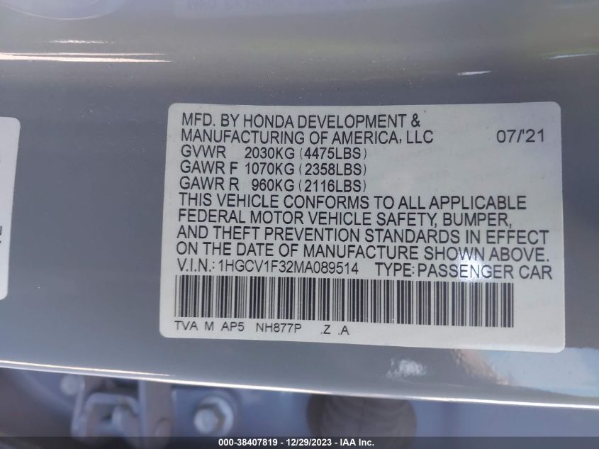 2021 HONDA ACCORD SPORT - 1HGCV1F32MA089514