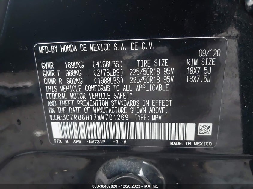 VIN 3CZRU6H17MM701269 2021 HONDA HR-V SPORT