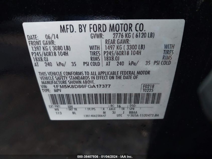 2015 FORD EXPLORER XLT - 1FM5K8D86FGA17377