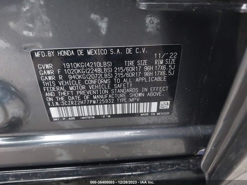 VIN 3CZRZ2H77PM725932 2023 HONDA HR-V EXL