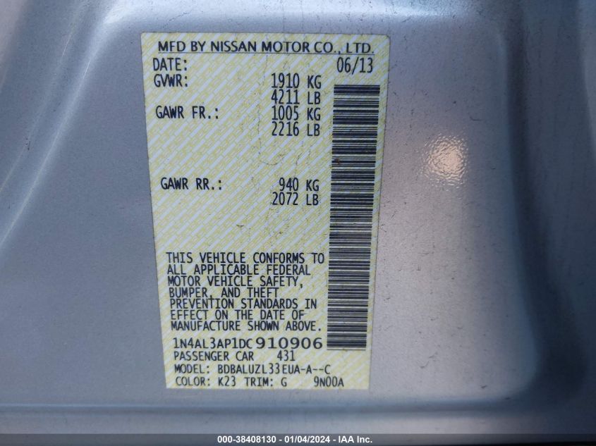2013 NISSAN ALTIMA 2.5 SV - 1N4AL3AP1DC910906