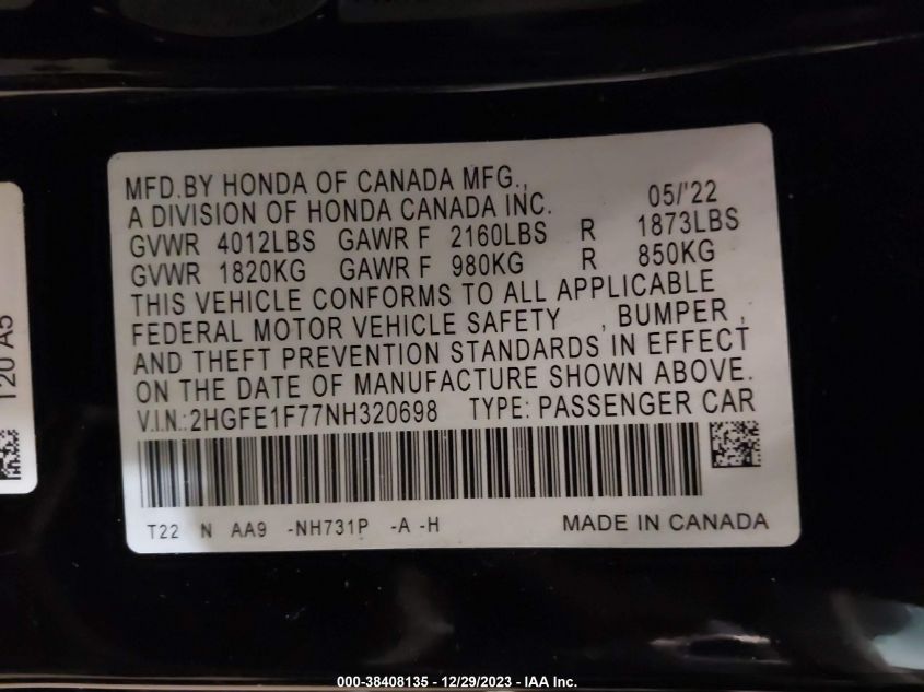 2022 HONDA CIVIC EX - 2HGFE1F77NH320690