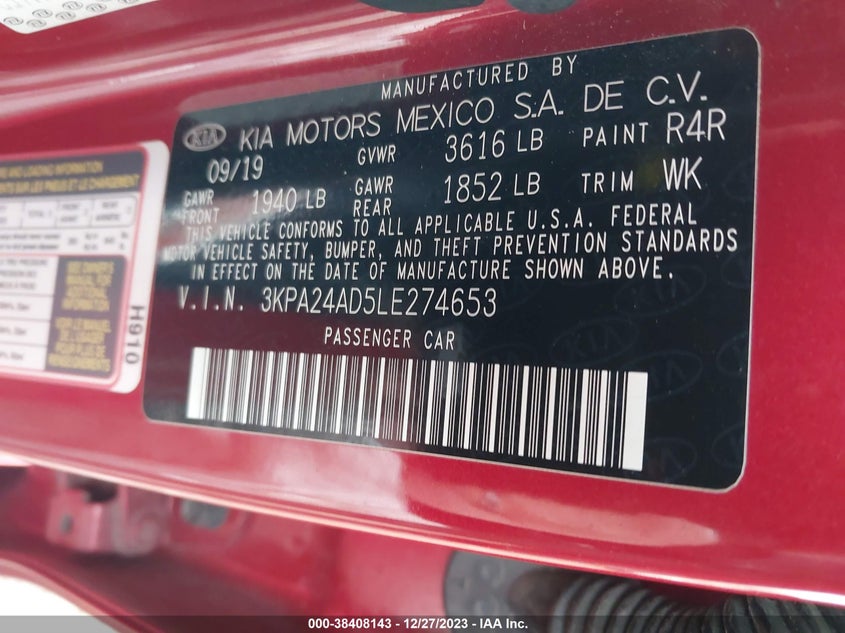 VIN 3KPA24AD5LE274653 2020 KIA RIO S