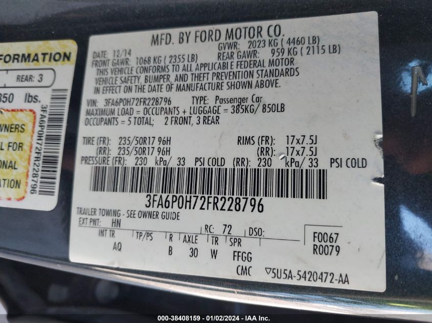 2015 FORD FUSION SE - 3FA6P0H72FR228796