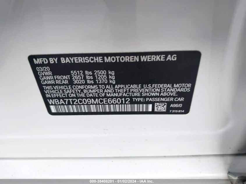 2021 BMW 7 SERIES 740I WBA7T2C09MCE66012