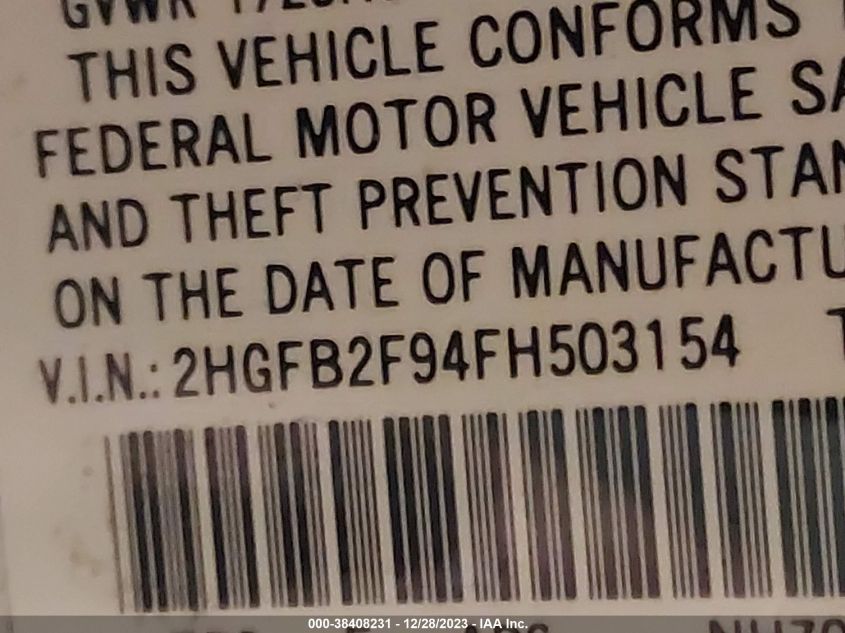 2015 HONDA CIVIC EXL - 2HGFB2F94FH503154