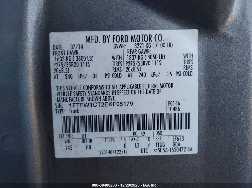 2014 FORD F-150 LARIAT - 1FTFW1CT2EKF05179