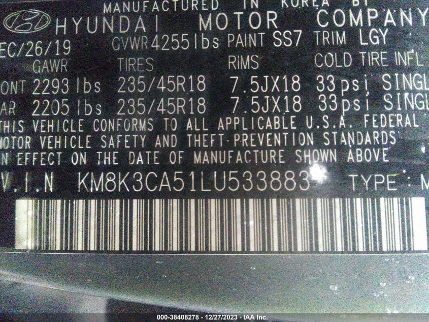 2020 HYUNDAI KONA LIMITED - KM8K3CA51LU533883