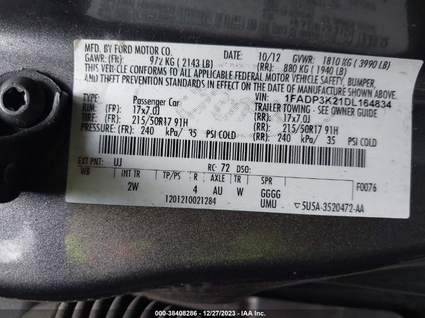 2013 FORD FOCUS SE - 1FADP3K21DL164834