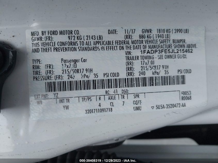 2018 FORD FOCUS SE - 1FADP3FE5JL215462