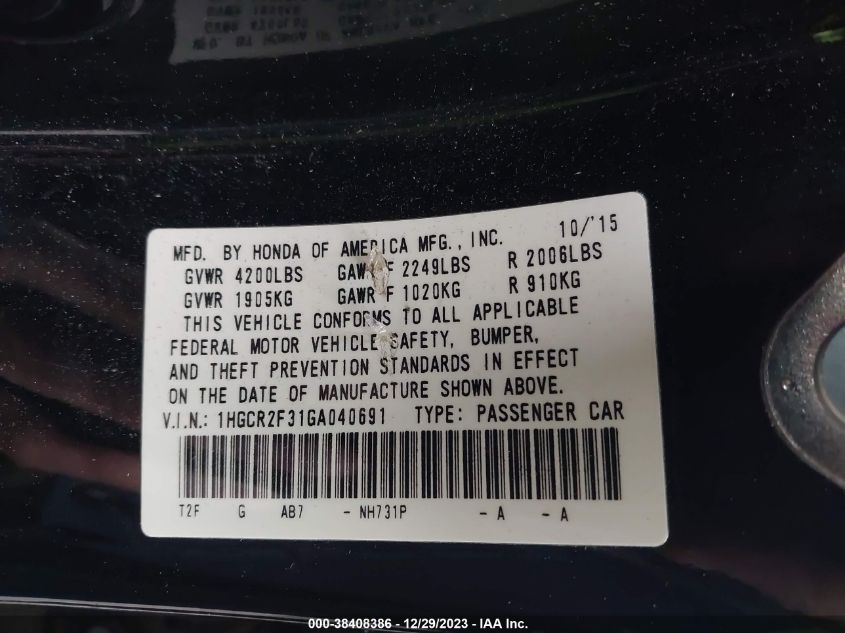 2016 HONDA ACCORD LX - 1HGCR2F31GA040691