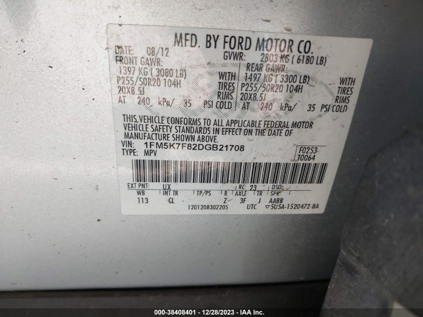 2013 FORD EXPLORER LIMITED - 1FM5K7F82DGB21708