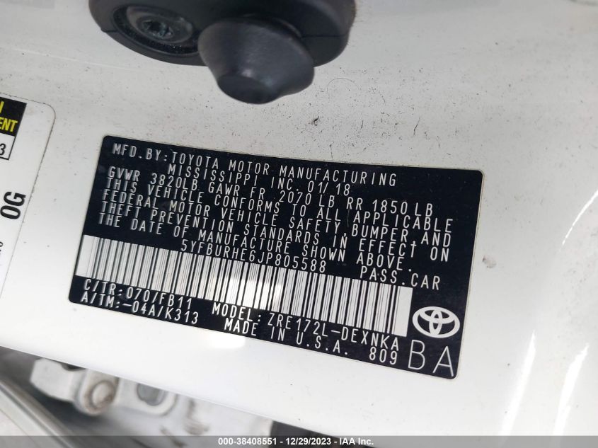 2018 TOYOTA COROLLA L/LE/XLE/SE/XSE - 5YFBURHE6JP805588