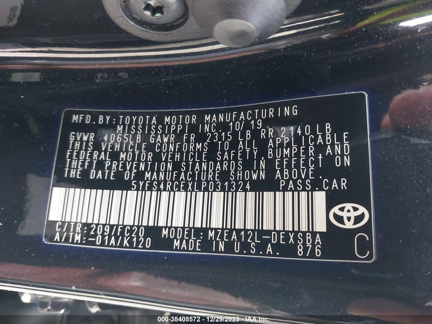 VIN: 5YFS4RCEXLP031324 2020 TOYOTA COROLLA SE/NIGHT SHADE