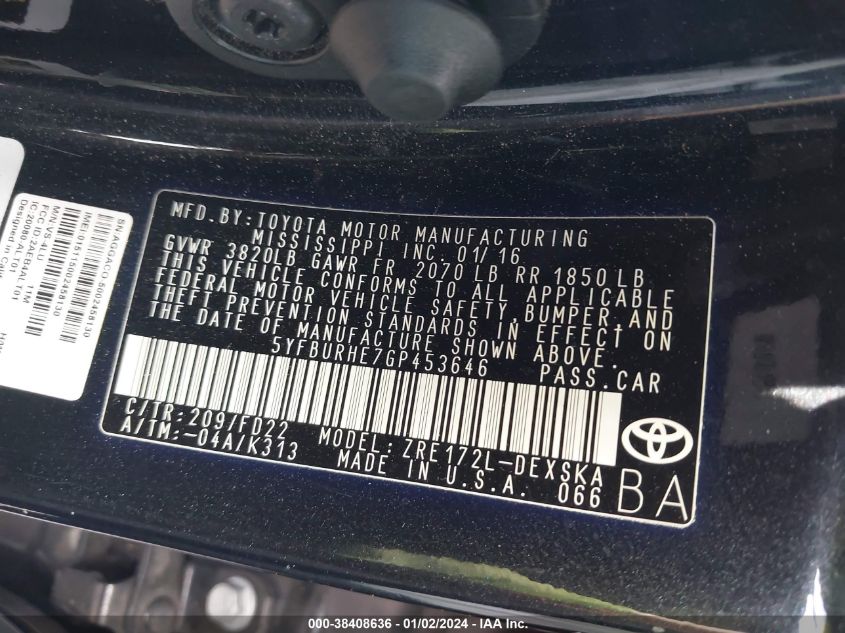 2016 TOYOTA COROLLA S PLUS - 5YFBURHE7GP453646