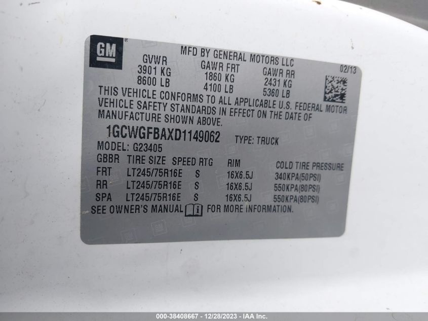 2013 CHEVROLET EXPRESS 2500 WORK VAN 1GCWGFBAXD1149062