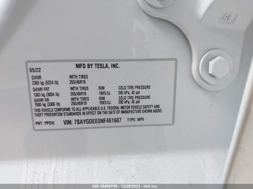 VIN 7SAYGDEE0NF461687 2022 TESLA MODEL Y