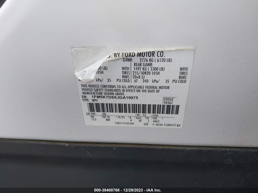 VIN 1FM5K7D8XJGA19975 2018 FORD EXPLORER XLT