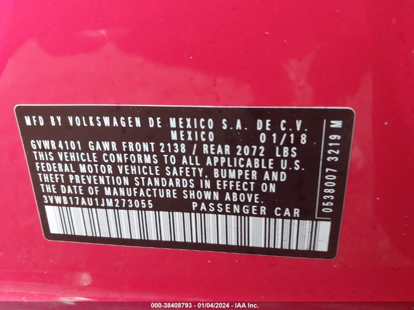 2018 VOLKSWAGEN GOLF S/SE - 3VWB17AU1JM273055
