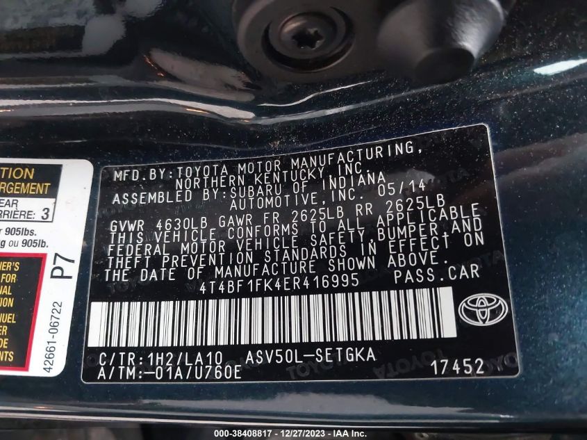 2014 TOYOTA CAMRY XLE - 4T4BF1FK4ER416995