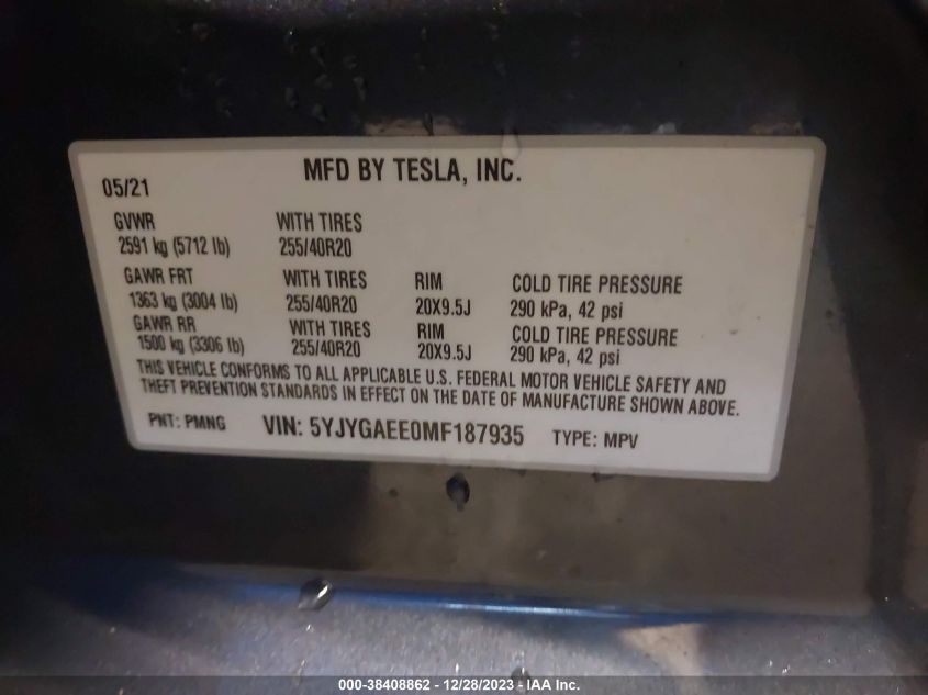 2021 TESLA MODEL Y LONG RANGE DUAL MOTOR ALL-WHEEL DRIVE - 5YJYGAEE0MF187935