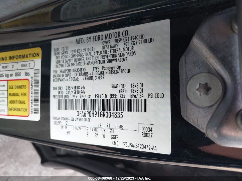 2016 FORD FUSION SE - 3FA6P0H91GR304835