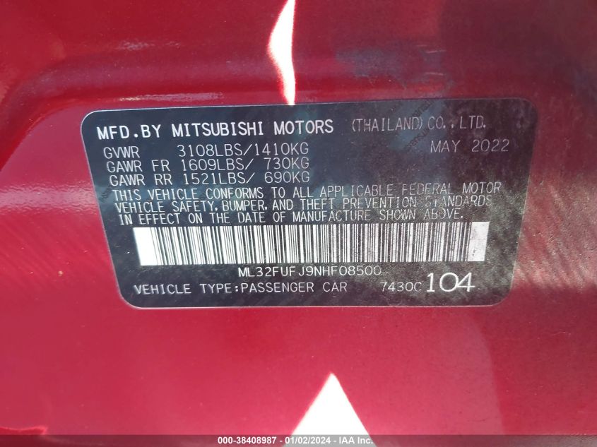 2022 MITSUBISHI MIRAGE G4 G4 ES/G4 LE/G4 BLACK EDIT - ML32FUFJ9NHF08500