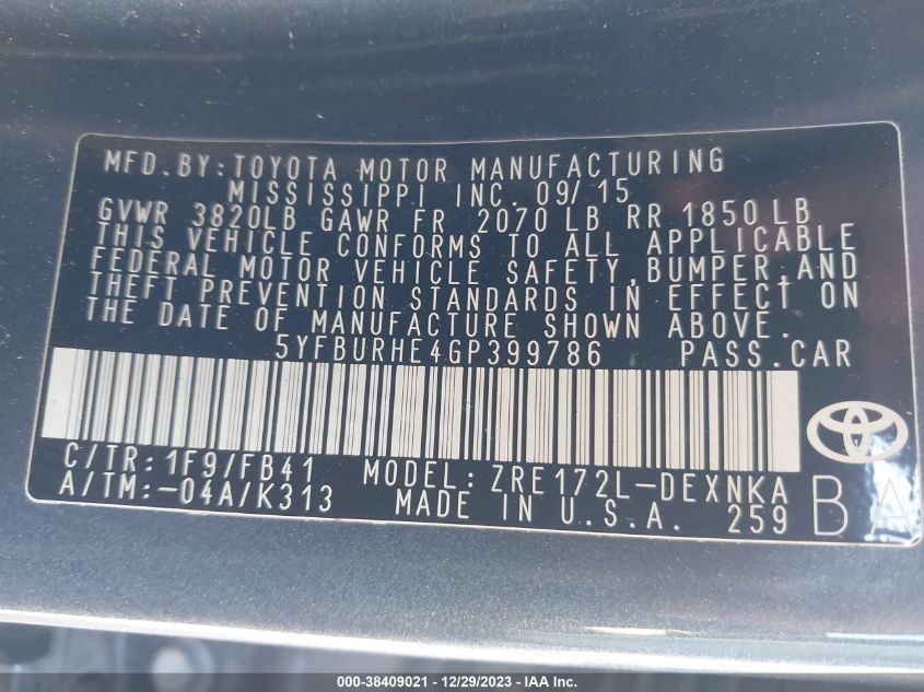 2016 TOYOTA COROLLA LE - 5YFBURHE4GP399786