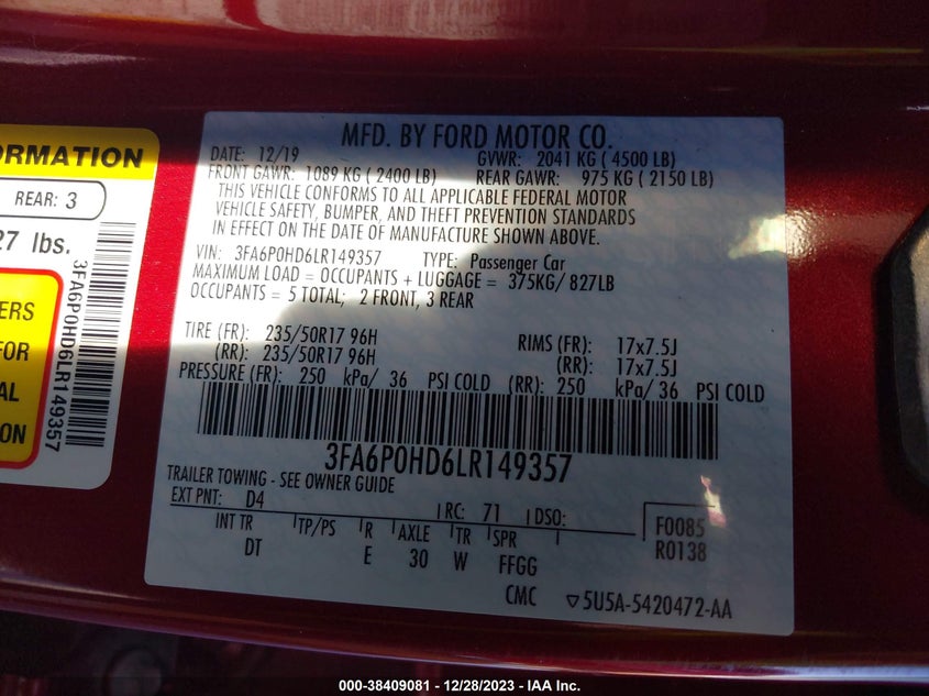VIN 3FA6P0HD6LR149357 2020 FORD FUSION SE