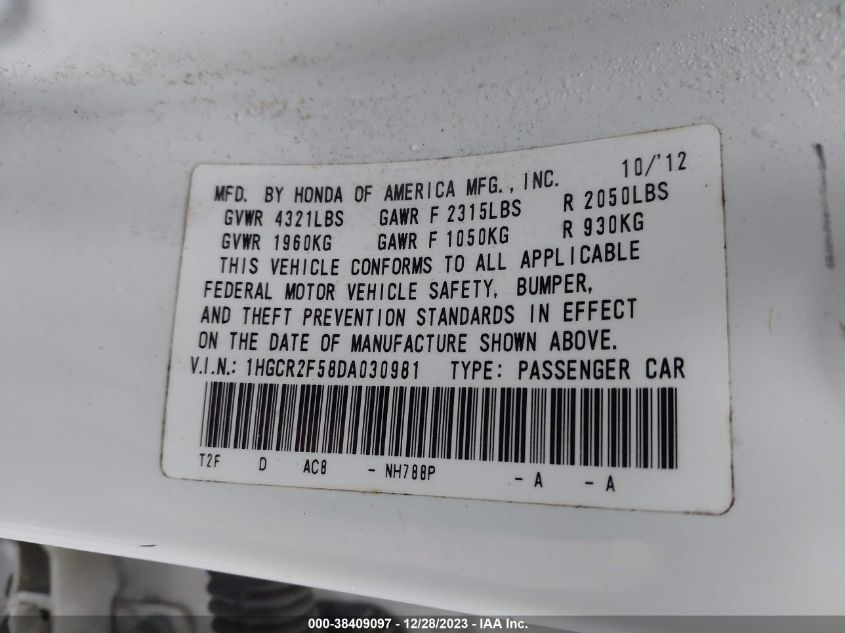 2013 HONDA ACCORD SPORT - 1HGCR2F58DA030981
