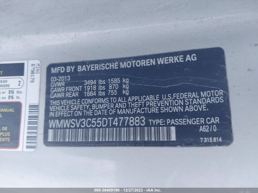 2013 MINI HARDTOP COOPER S - WMWSV3C55DT477883