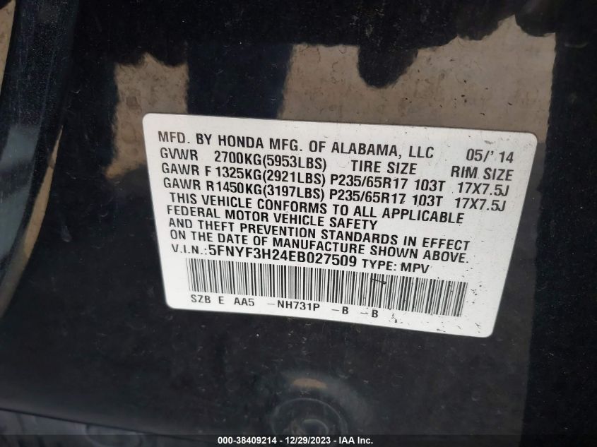 2014 HONDA PILOT LX - 5FNYF3H24EB027509