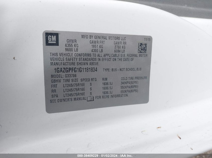 2016 CHEVROLET EXPRESS 3500 LT 1GAZGPFG1G1181834