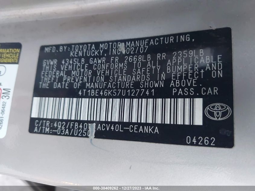 4T1BE46K57U127741 | 2007 TOYOTA CAMRY