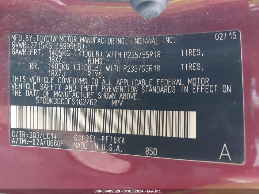 2015 TOYOTA SIENNA XLE 7 PASSENGER - 5TDDK3DC0FS102762