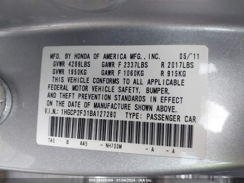 1HGCP2F31BA127280 | 2011 HONDA ACCORD