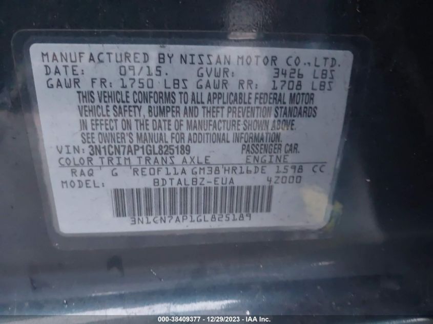 2016 NISSAN VERSA S/S PLUS/SV/SL - 3N1CN7AP1GL825189