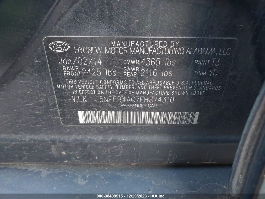 2014 HYUNDAI SONATA GLS - 5NPEB4AC7EH874310