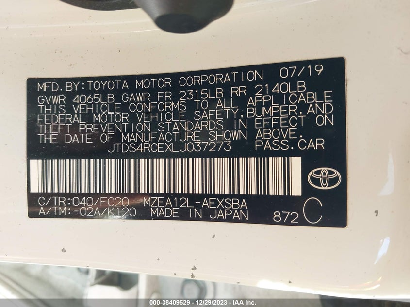 VIN JTDS4RCEXLJ037273 2020 TOYOTA COROLLA SE/NIGHT SHADE