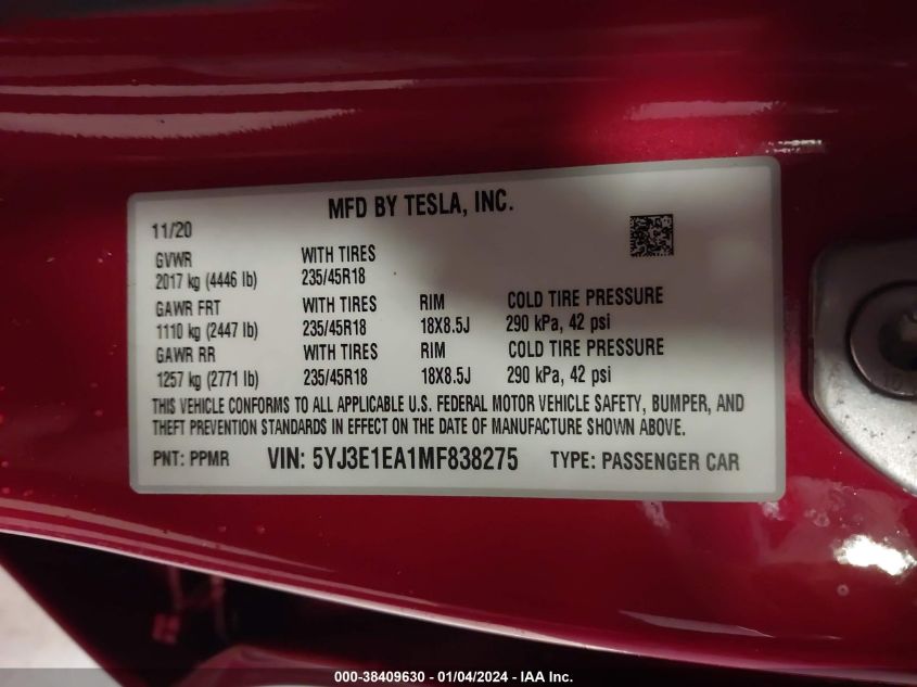 5YJ3E1EA1MF838275 | 2021 TESLA MODEL 3