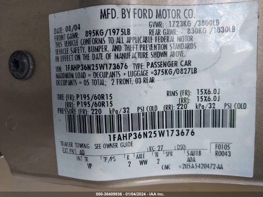 1FAHP36N25W173676 | 2005 FORD FOCUS