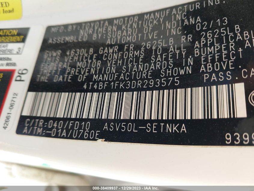 2013 TOYOTA CAMRY L/SE/LE/XLE - 4T4BF1FK3DR293575