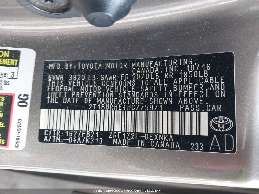 2017 TOYOTA COROLLA L/LE/XLE/SE/XSE - 2T1BURHE4HC775971