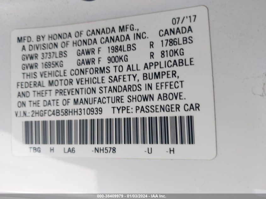 2017 HONDA CIVIC LX - 2HGFC4B58HH310939